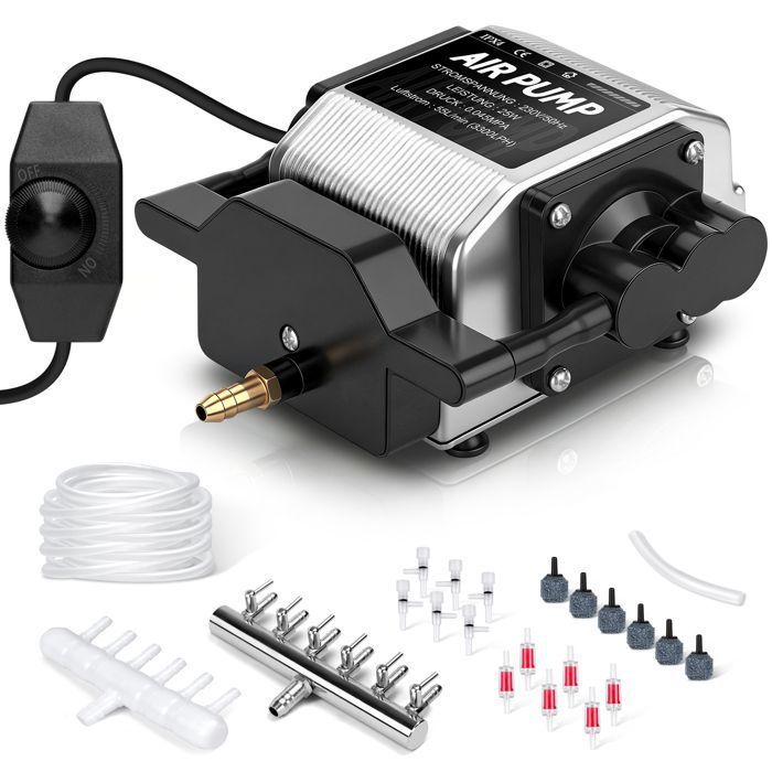 Pompe à Air 25W 3300L/H pour Aquarium / Bassin avec 6 Diffuseurs dair 45kPa 6 Sorties 48dB Aérateur Réglable en Aluminium