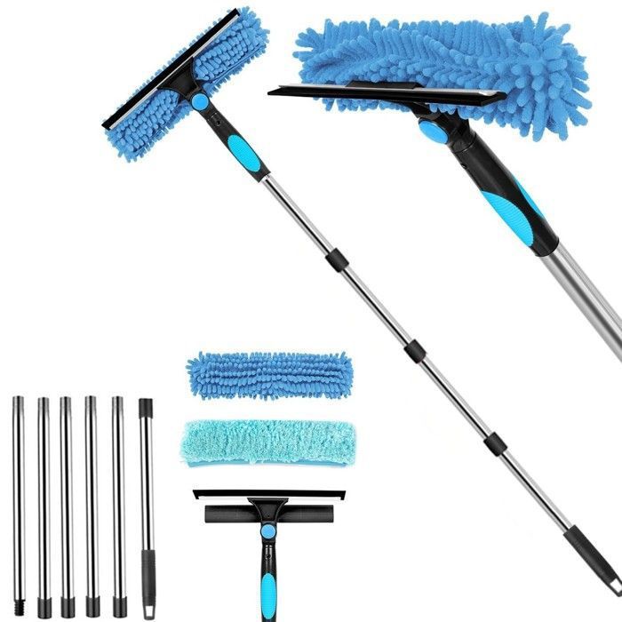 2 en 1 Professionnel Raclette Vitre Kit Nettoyage Vitre avec 2 Chiffons Microfibres et Manche Telescopique Lave-vitres Étiquette