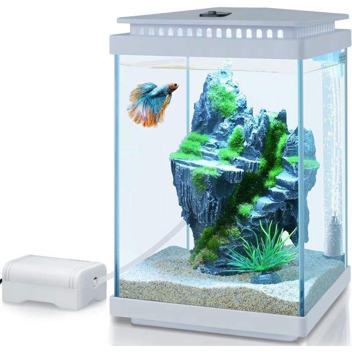 Kit aquarium en verre - ZVVN - 4L - 25x15x15 cm - Blanc - Pompe à air - Lumière LED - Filtration 3 en 1