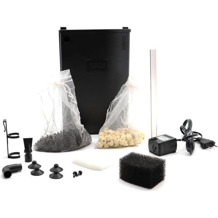 Filtre daquarium avec pompe - ESTAMPILLE - 230 L/h - 3 compartiments - 18x7 cm - Matériaux filtrants professionnels