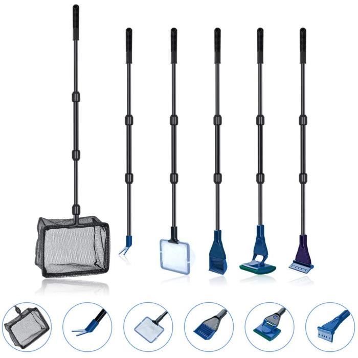 Kit de Nettoyage daquarium - 6 en 1 - Filet à Poissons - Râteau à Gravier - Pince à Plantes