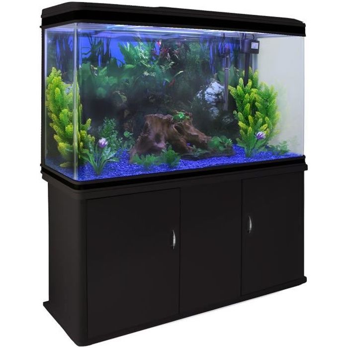 Aquarium 300L - Noir - Kit de démarrage Plantes et Graviers Bleu - Meuble assorti