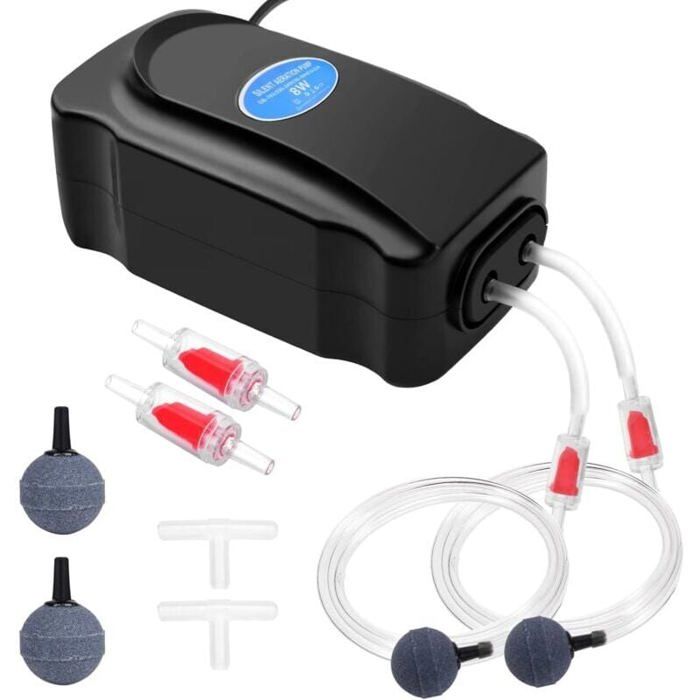 Pompe à Air Aquarium 8W Bulleur Double Sortie Réglable Pour 5-300L Ultra-Silencieuse Kit Accessoires Complet