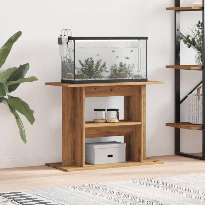 Support daquarium chêne artisanal 80 x 35 x 60 cm - meuble en bois dingénierie 3 niveaux