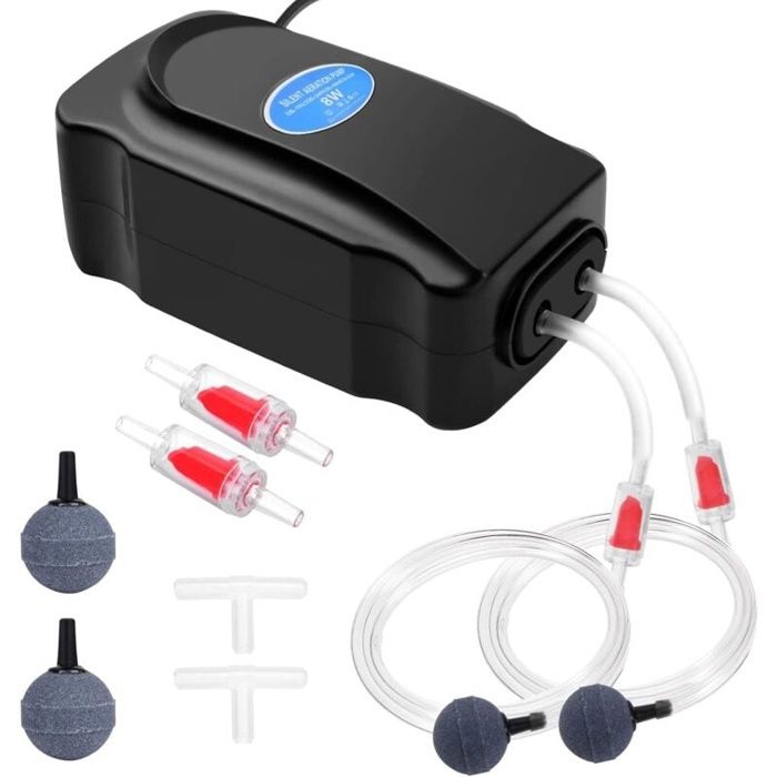Pompe à air pour aquarium - AIMOONSA - Modèle 8W - Double sortie - Silencieuse - Débit réglable 2×3 L/min