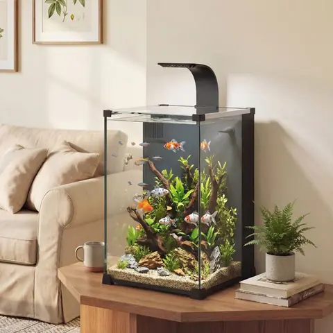 Aquarium en Verre Trempé Nano Aquarium avec Filtre Intégré Pompe 5W et Éclairage LED 30x30x45cm Noir