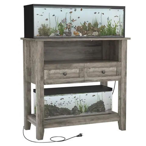 Meuble d’aquarium 75-110 L avec station de frais charge 300kg Tiroirs et rangements ouverts poissons reptiles Gris