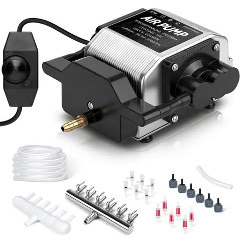 Pompe à Air 25W 3300L/H pour Aquarium / Bassin avec 6 Diffuseurs dair 45kPa 6 Sorties 48dB Aérateur Réglable en Aluminium