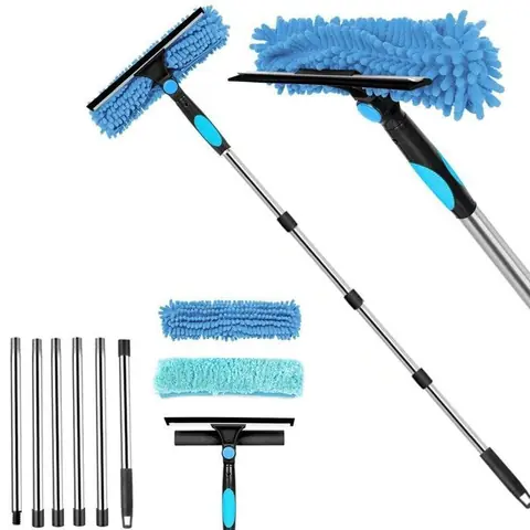 2 en 1 Professionnel Raclette Vitre Kit Nettoyage Vitre avec 2 Chiffons Microfibres et Manche Telescopique Lave-vitres Étiquette