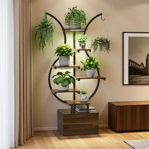 Support Plante - Lampe de Croissance LED à Spectre Complet - Espace de Rangement- Pour intérieur et jardin - 40x30x142cm -Marron