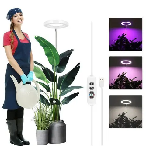 Lampe Plantes Noir Avec Anneau 72 LEDsSpectre Étendu 420-660nmTige Réglable 35-155cmMinuterie 3/9/12H10 Niveaux (Fiche & USB）
