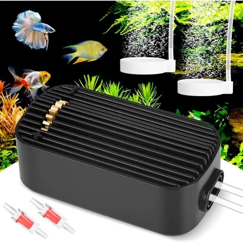 Pompe à air aquarium 5 W 2 sorties clapet anti-retour tuyau 2 m pierre à bulles incluse