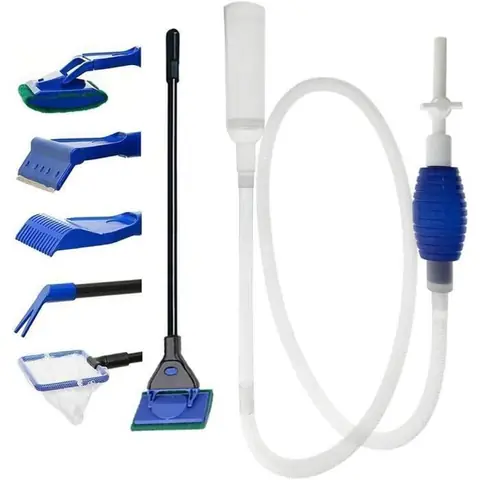 Kit de nettoyage pour aquarium avec grattoir à algues 5 en 1 et nettoyeur de gravier pour aquarium – Pompe à siphon manuelle pour