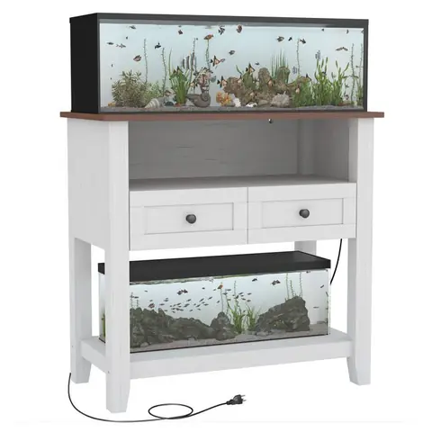 Meuble d’aquarium 75-110 L avec station de frais charge 300kg Tiroirs et rangements ouverts poissons reptiles Blanc