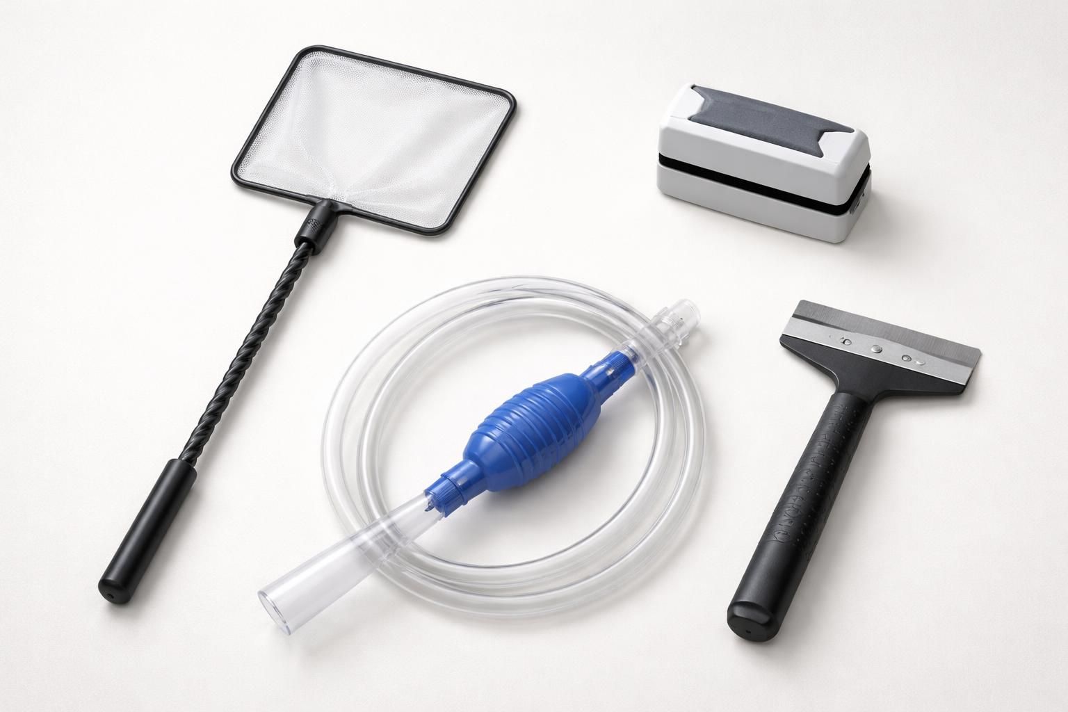 Épuisette, aimant nettoyeur, siphon et raclette d’aquarium